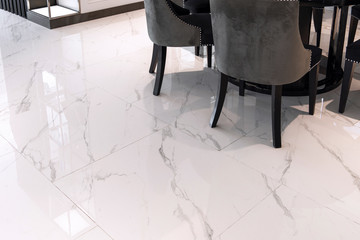 White marble floor tiles in the living room.
