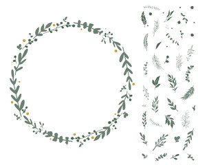 Set. Botanical wreath. Round frame, circle. Cute flowers, leaves and branches, round frame. Design elements for logo, cards, wedding invitations, fabric and textile. White background. Vector