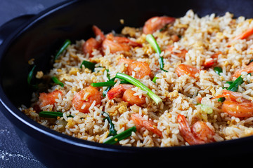 Fried jasmine rice with prawns and spring onions