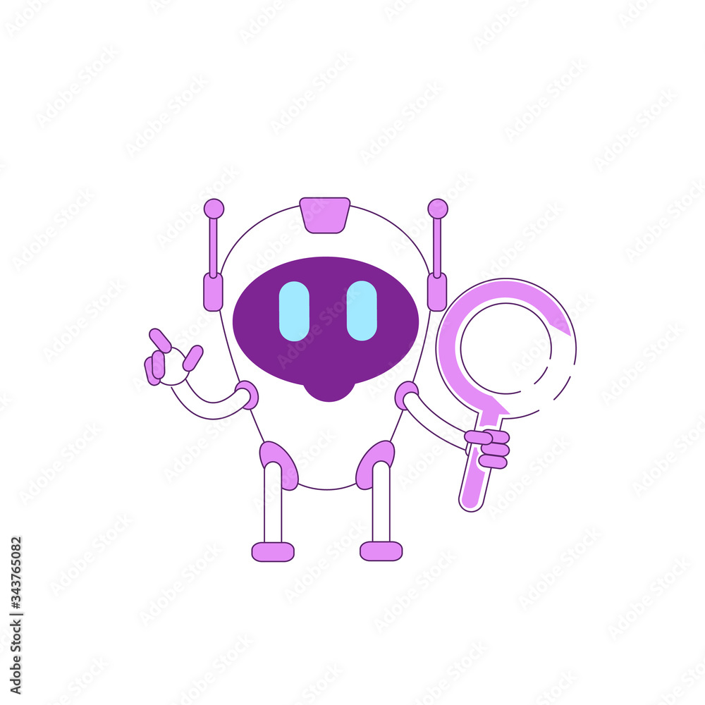 Poster cute modern robot with magnifying glass violet linear object. futuristic bot searching information t
