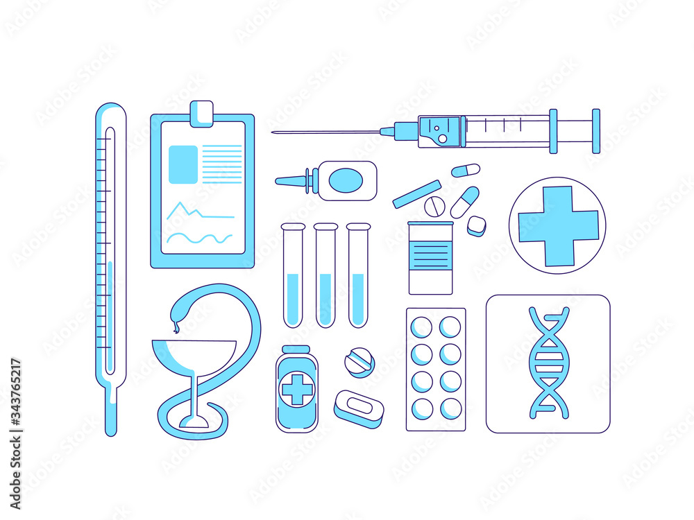 Aufkleber medicine items turquoise linear objects set. medical tools and remedies thin line symbols pack. cure