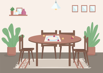 Place for family leisure flat color vector illustration. Table for board games for daytime entertainment. Tabletop setting for playing. Livingroom 2D cartoon interior with decor on background