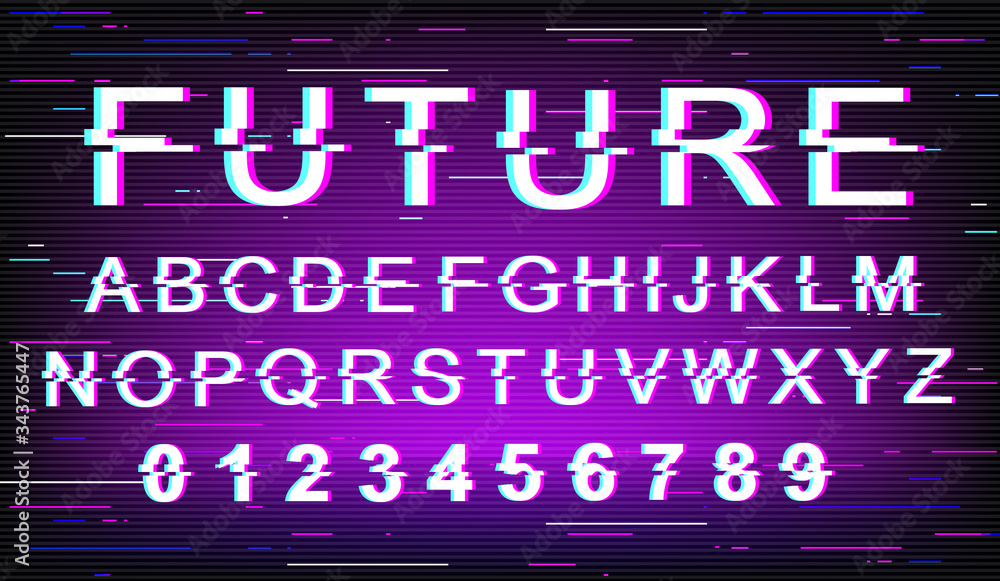 Fototapete future glitch font template. retro futuristic style vector alphabet set on purple background. capita