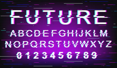 Future glitch font template. Retro futuristic style vector alphabet set on purple background. Capital letters, numbers and symbols. Modern digital typeface design with distortion effect