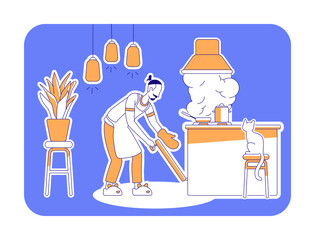 Man cook at home flat silhouette vector illustration. Domestic cookery. Kitchen interior. House chores and housework. Chef outline character on blue background. Culinary simple style drawing