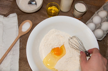 ingredients for dough and baking prepearing pancakes ,flitters,dumplings, vareniks from eggs,flour,milk,salt,sugar and eggs