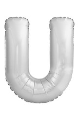 Chrome letter U made of inflatable balloon isolated on white background. Part of full set of letters