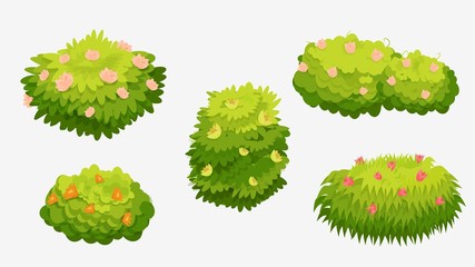 Green bushes with various flowers. Green bushes with pink, yellow, orange and red flowers isolated on a white background. Used as a landscape element to create a scene. Vector cartoon illustration