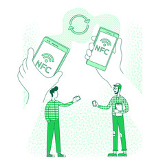 Content sharing, gadgets communication thin line concept vector illustration. Wireless connection, men with smartphones 2D cartoon character for web design. Near-field communication creative idea