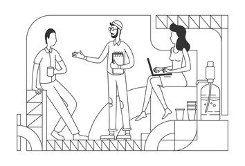 Company employees at coffee break thin line vector illustration. Office workers relaxing and chatting outline characters on white background. Business people at lounge zone simple style drawing