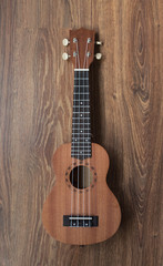 Fototapeta premium Brown ukulele guitar portrait on texture Wall plaster ,Vintage dark tone holiday relax break time with music or art concept with copy space for your text