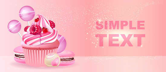 Confectionery realistic vector product ads banner template. Cupcake, macaroons and candies 3d mock up design. Sweet stuff advertisement horizontal printable flyer, brochure with text space