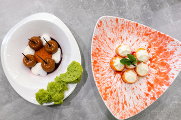 Molecular cuisine – creative dishes served with dry ice in a modern restaurant