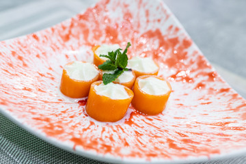 Molecular cuisine – creative dishes served with dry ice in a modern restaurant