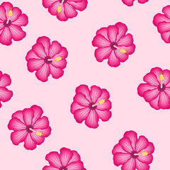 Hibiscus seamless pattern. Pink flower on peach colored isolated background.