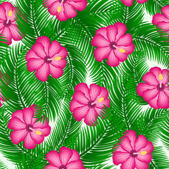 Fototapeta premium Tropical seamless pattern with pink hibiscus flower and palm leafs decoration. Exotic texture on light green isolated background.