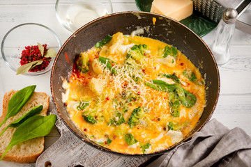 eggs with cheese, broccoli, spinach in a pan on a white wooden background, healthy protein Breakfast,