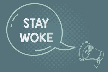 Text sign showing Stay Woke. Business photo showcasing being aware of your surroundings and things going on Keep informed Blank Transparent Speech Bubble with Shining icon and Outline Megaphone