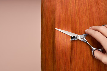 Hairdresser cuts long red hair with scissors. Hair salon, hairstylist. Care and beauty hair products. Dyed hair