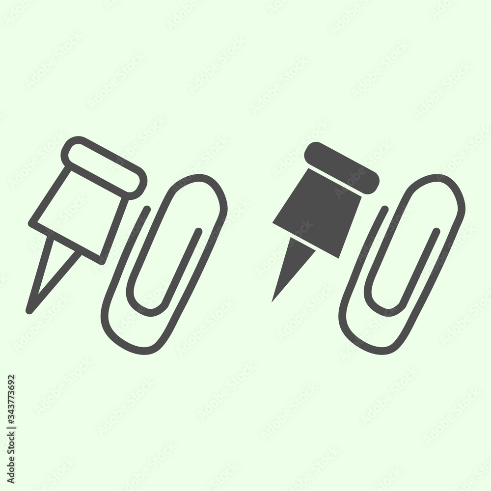 Poster paper clip line and solid icon. paperclip and pushpin outline style pictogram on white background. o