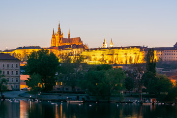 Obraz premium Prague Castle with St. Vitus Cathedral over Lesser town (Mala Strana) at sunset, Czech Republic
