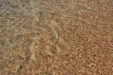 Fototapeta na wymiar Water near the shore sand texture with small pebbles. Sunny summer day