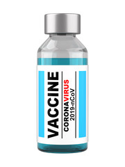 Glass bottle with vaccine antiviral against coronavirus COVID-19. Remedy against the pandemic.