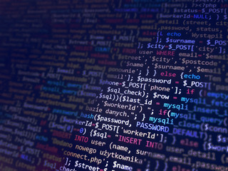 Blue bokeh computer code background for job offer. Coding and code learning concept.
