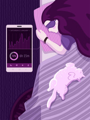 Woman sleeping in the dark bedroom with sleep tracker and mask, with a white cat. Good healthy sleep concept. Vector flat illustration.