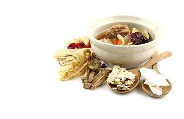Many chinese herbal medicine on white background for healthy soup