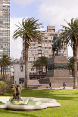 Independence Square in Montevideo, Uruguay. It's the city center, with statue of Artigas, the Gate of the Citadel, Executive Tower government and Palacio Estevez