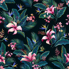 motif floral sans couture. motif floral tropical avec des feuilles d& 39 hibiscus et de palmiers sur bleu foncé