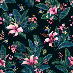 Tapeten nahtloses Blumenmuster. tropisches Blumenmuster mit Hibiskus und Palmenblättern auf dunkelblau © citradora