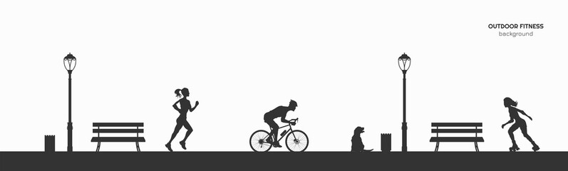 Outdoor fitness. Silhouettes of runner, roller and bicyclist. Park landscape with athletic men and women. Workout panorama. Sports action