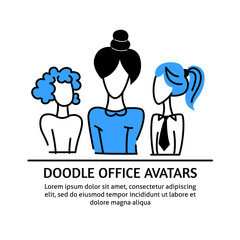 A square vector image with doodle business avatars for presentation design and web site. Office professions freehand image