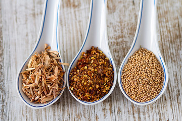 Spices and herbs in porcelain spoons over a wooden background