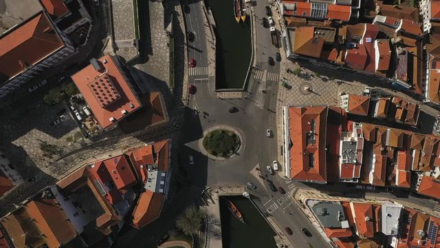 Aerial Top down shot over Landmark downtown waterway, Aveiro