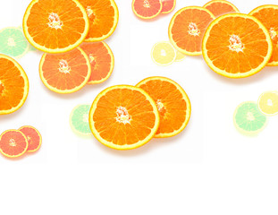 Sliced ​​Orange. Slices of fruits of different sizes on a white background.