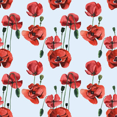 Watercolor seamless floral pattern with wild red poppies. Hand drawing decorative background. Hand drawn watercolor illustration. Print for textile, cloth, wallpaper, scrapbooking