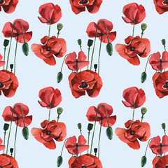 Watercolor seamless floral pattern with wild red poppies. Hand drawing decorative background. Hand drawn watercolor illustration. Print for textile, cloth, wallpaper, scrapbooking