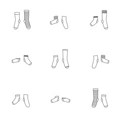 Vector illustration of nine pairs of socks. Different socks in pair. Transparent outline drawing on white background.