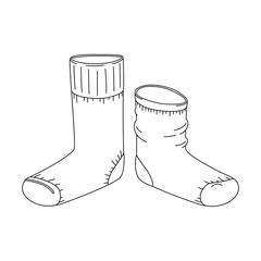 Vector illustration of socks. Different socks in pair. Transparent outline drawing on white background. Expanded stroke.