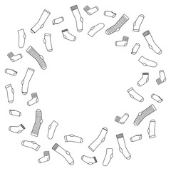 Vector illustration of round frame made of socks. Transparent outline drawing on white background.