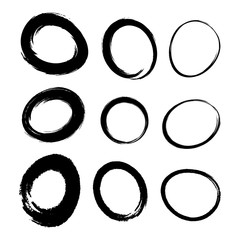 Hand drawn watercolor circle brush stroke set. Grunge chalk scribble ellipse and circle design elements for banner, insignia ,logo, Icon and badge. Brush circular freehand line smears. Vector doodle.