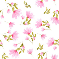Beautiful watercolor hand drawn seamless pattern. Elegant green branches with pink flowers