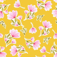 Beautiful watercolor hand drawn seamless  yellow pattern. Elegant green branches with pink flowers
