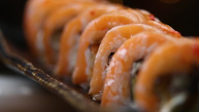 Sushi roll set . Various Sushi japanese food in restaurant.	
