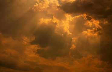 God light. White and golden cloudy sky with sun beam. Sun rays through golden clouds. God light...