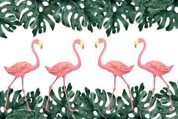 Hand drawn watercolor tropical banner with jungle leaves. Exotic leaves illustrations horizontal frame, jungle tree, brazil trendy. Perfect for design.