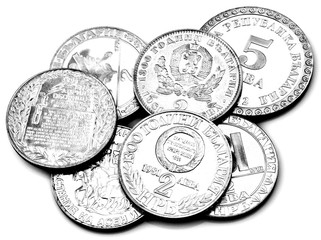 A pile of anniversary coins of the Republic of Bulgaria isolated on white background in black and white